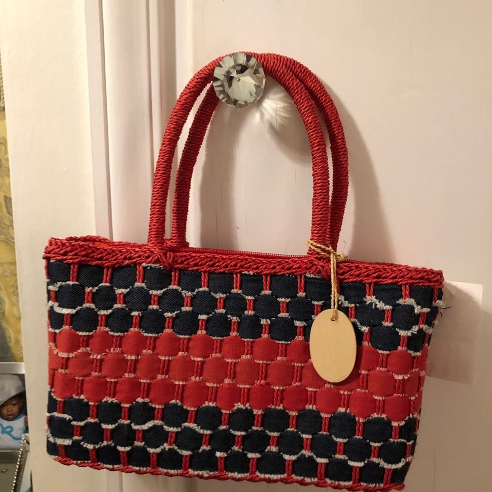 Denim red and blue woven hand bag